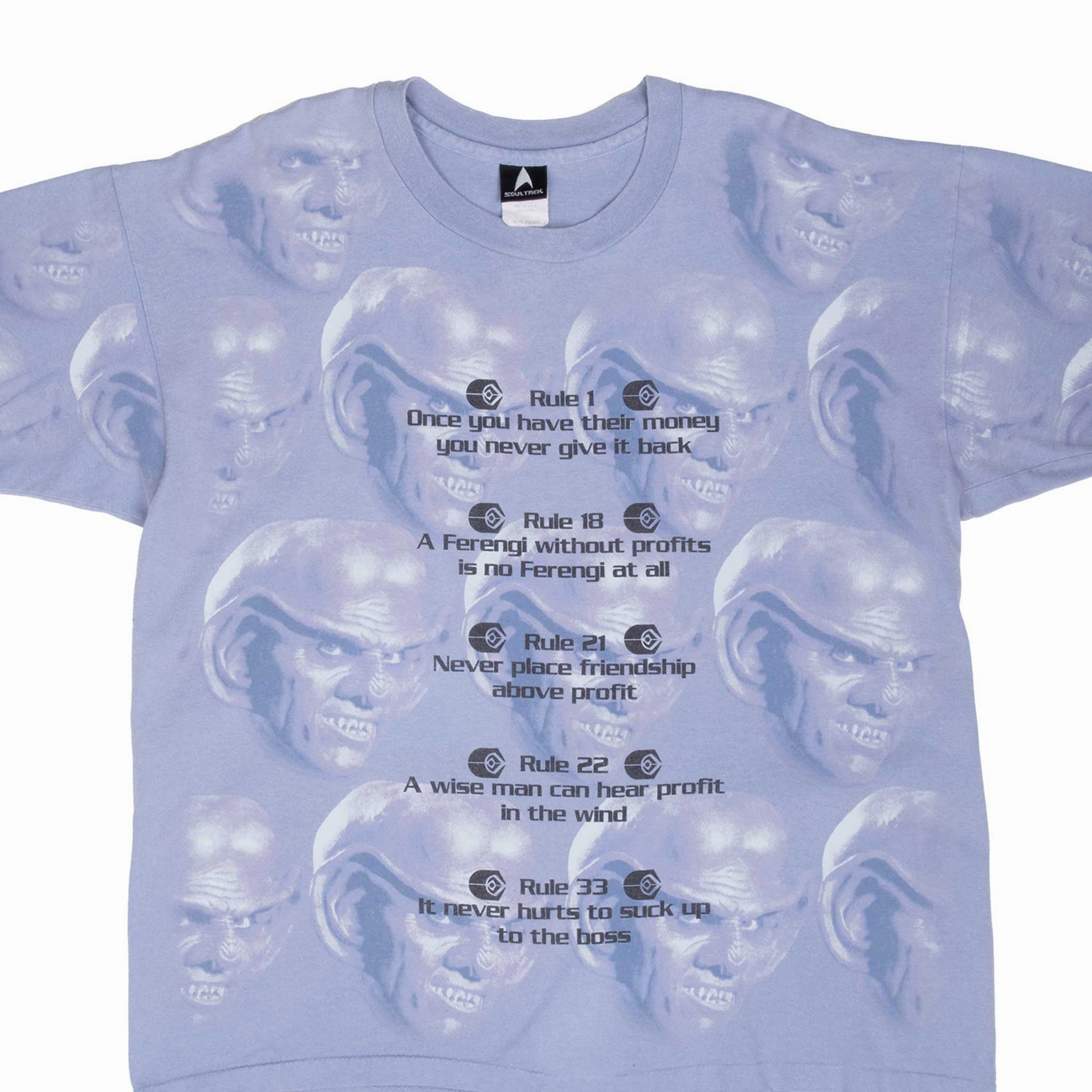 VINTAGE STAR TREK ROLES OF ACQUISITION ALL OVER PRINT TEE SHIRT 1990S XL MADE US