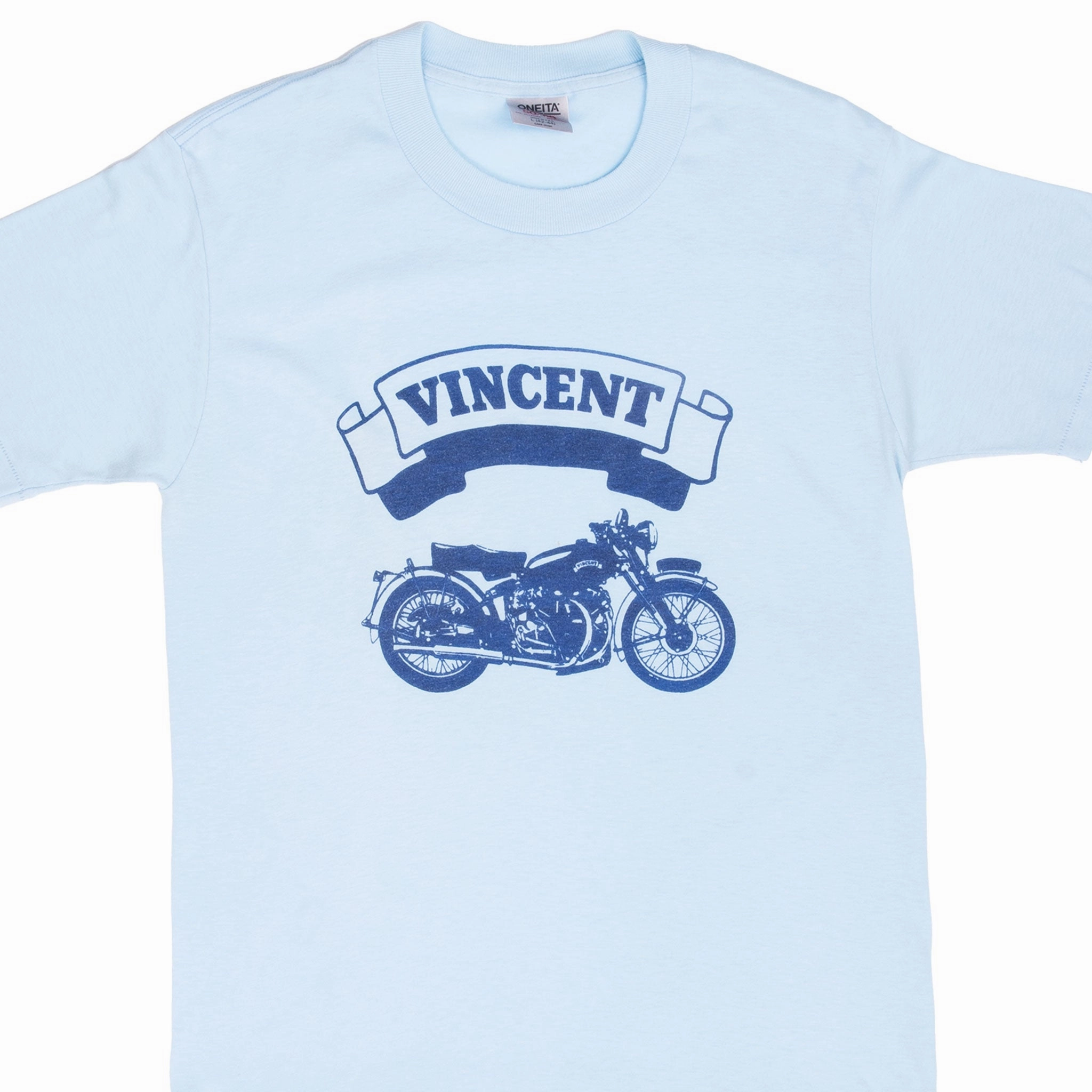 VINTAGE VINCENT MOTORCYCLE BIKER BLUE TEE SHIRT 1980S MEDIUM MADE IN USA