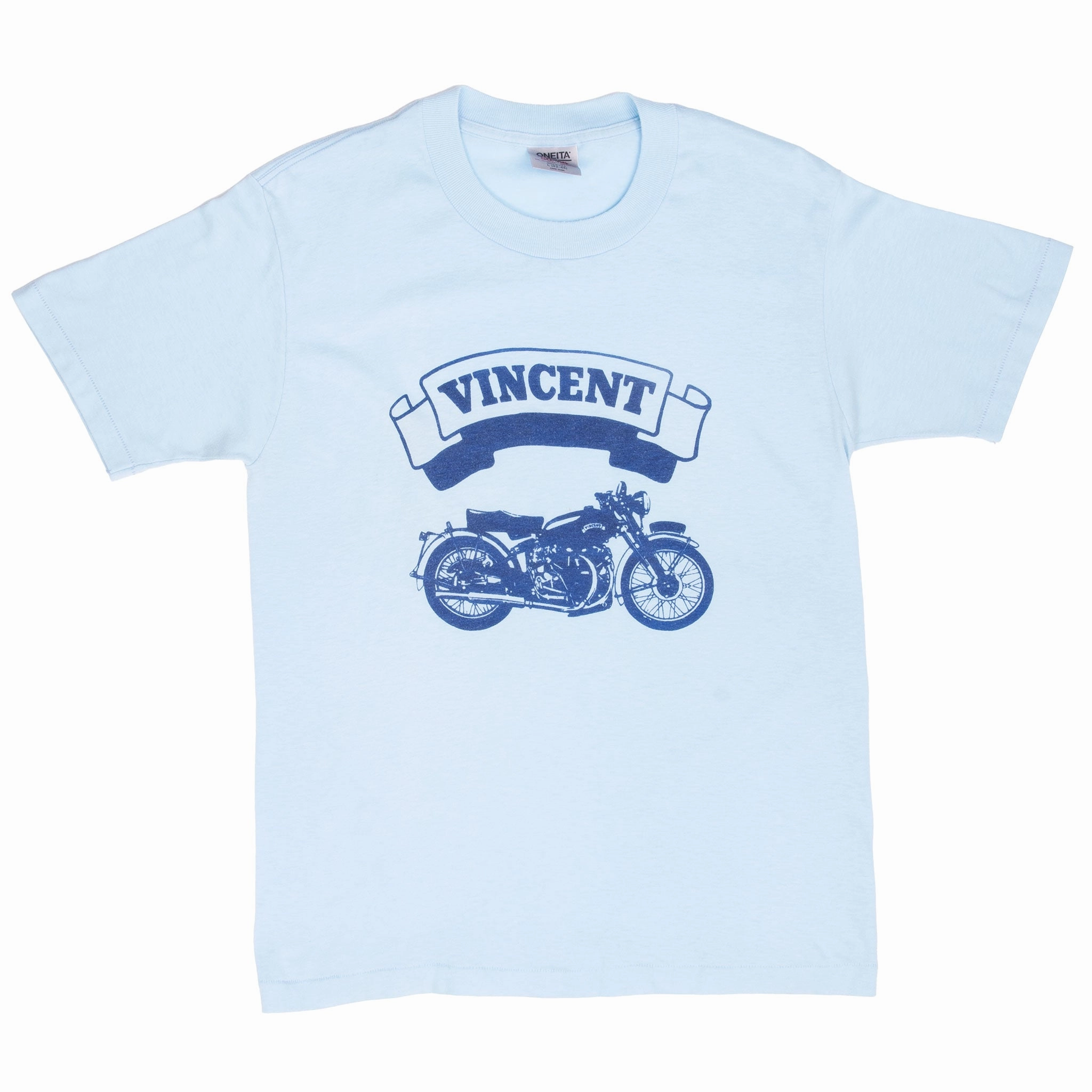 VINTAGE VINCENT MOTORCYCLE BIKER BLUE TEE SHIRT 1980S MEDIUM MADE IN USA
