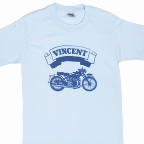 VINTAGE VINCENT MOTORCYCLE BIKER BLUE TEE SHIRT 1980S MEDIUM MADE IN USA