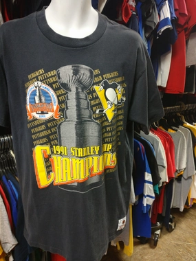 Vtg '91 PITTSBURGH PENGUINS NHL Stanley Cup Champs Nutmeg T-Shirt L